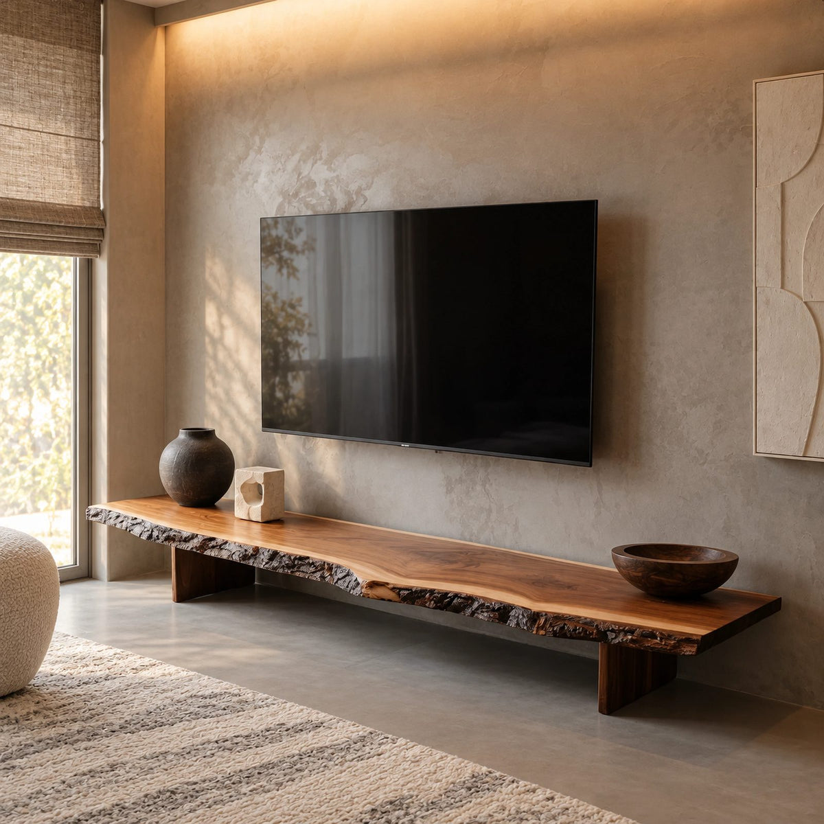 Mid Century Live Edge Wood TV Console With Floating Top For Living Room