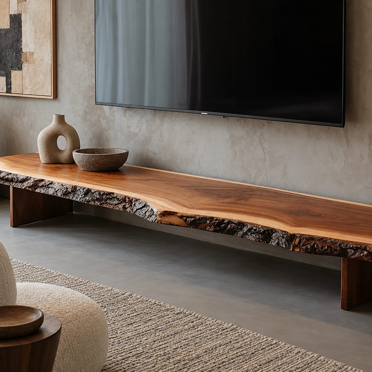 Mid Century Live Edge Wood TV Console With Floating Top For Living Room