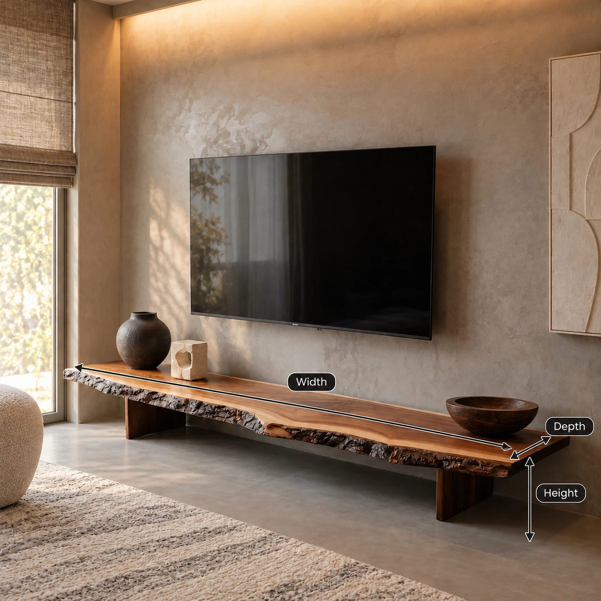 Mid Century Live Edge Wood TV Console With Floating Top For Living Room