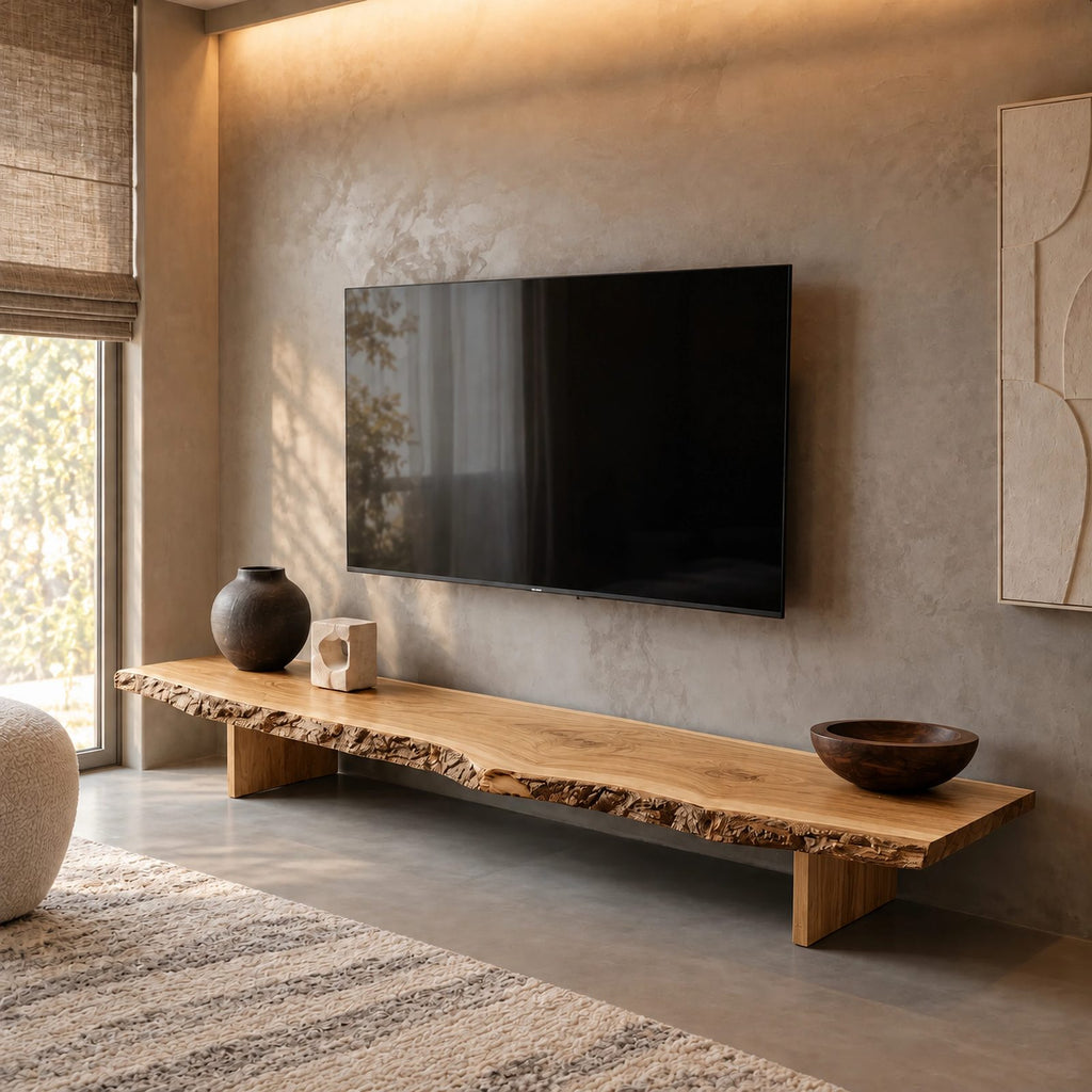 Mid Century Live Edge Wood TV Console With Floating Top For Living Room