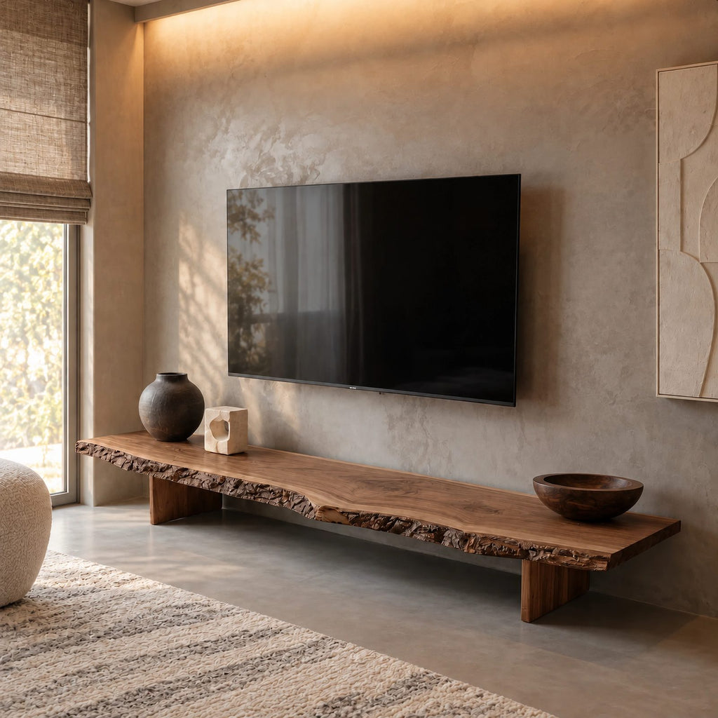 Mid Century Live Edge Wood TV Console With Floating Top For Living Room