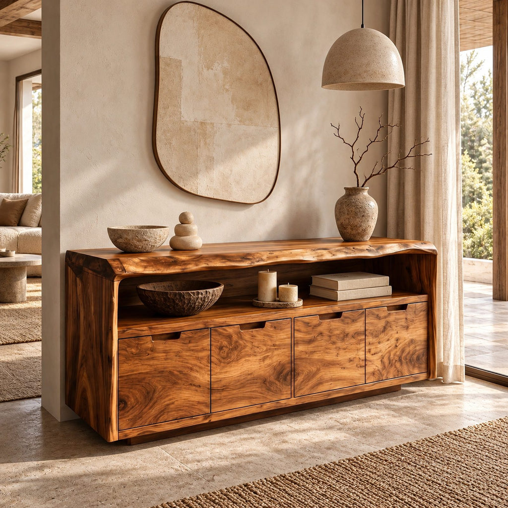 Rustic Solid Wood Sideboard With Raised Grain Doors For Living Room