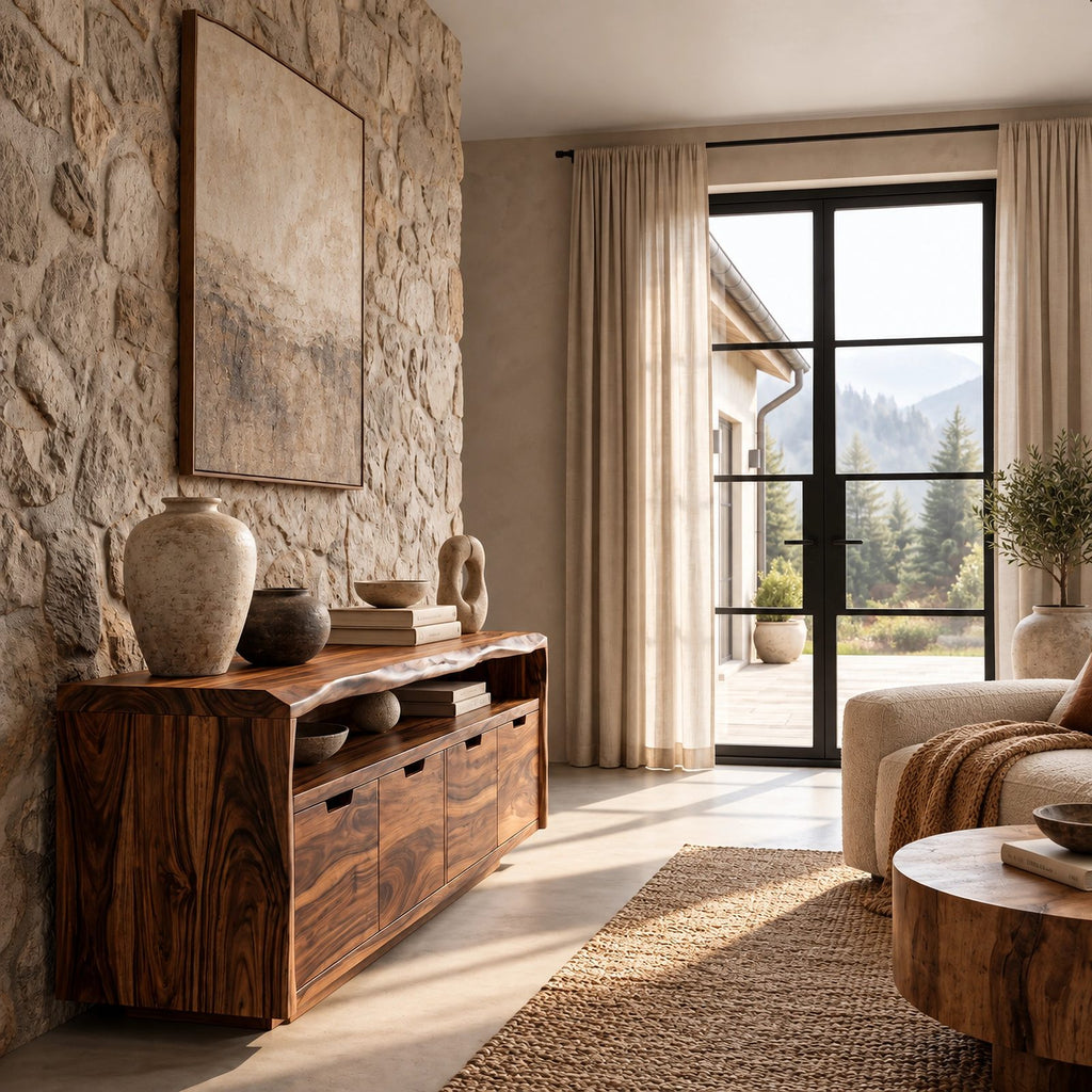 Rustic Solid Wood Sideboard With Raised Grain Doors For Living Room