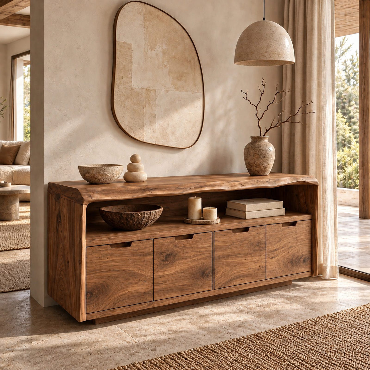 Rustic Solid Wood Sideboard With Raised Grain Doors For Living Room