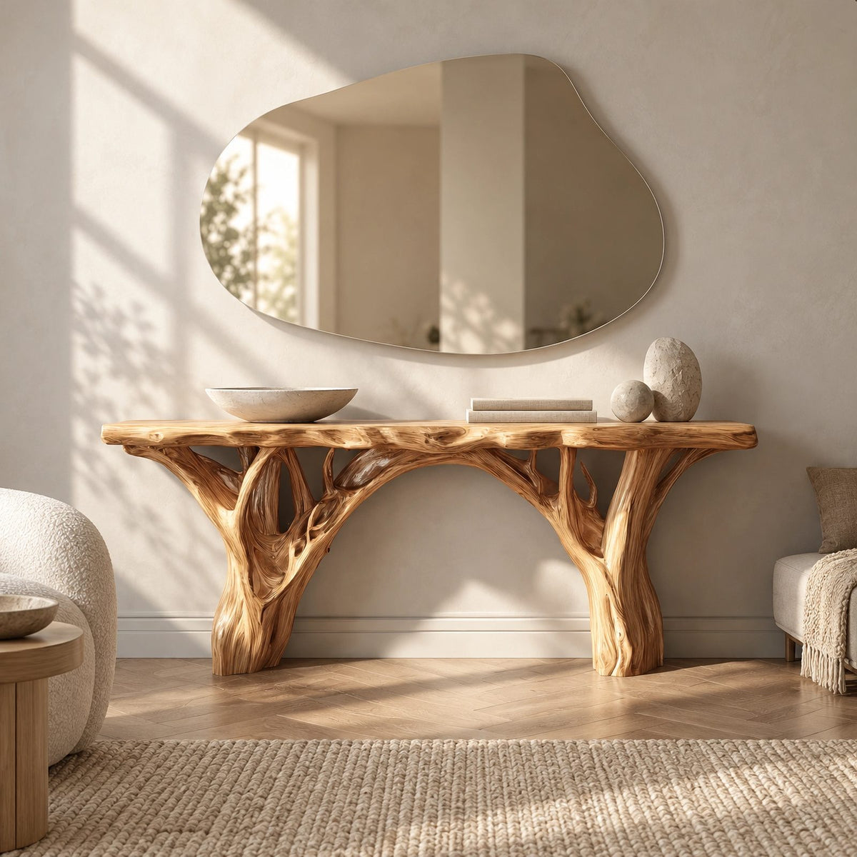 Organic Wood TV Stand With Tree Root Base For Living Room