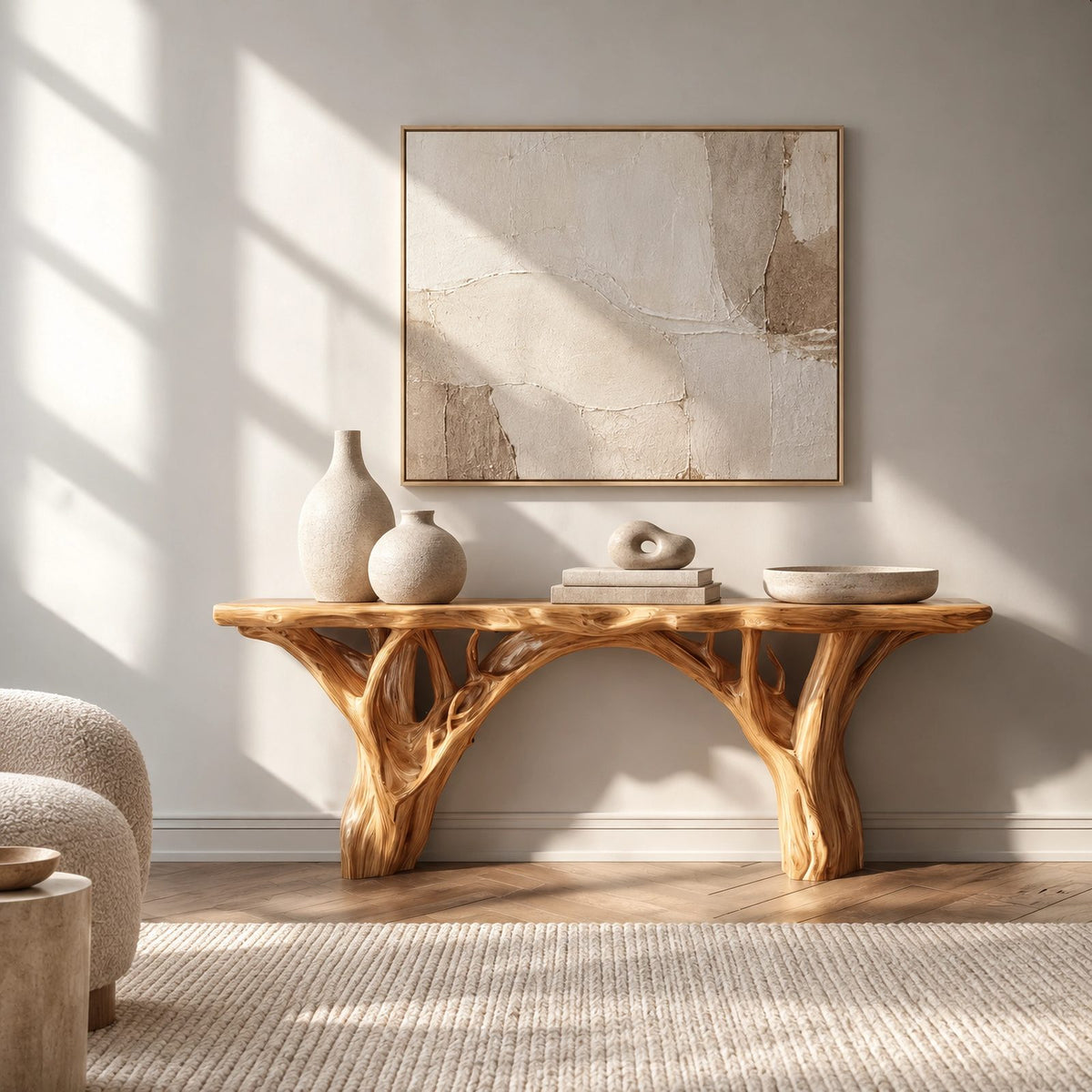 Organic Wood TV Stand With Tree Root Base For Living Room