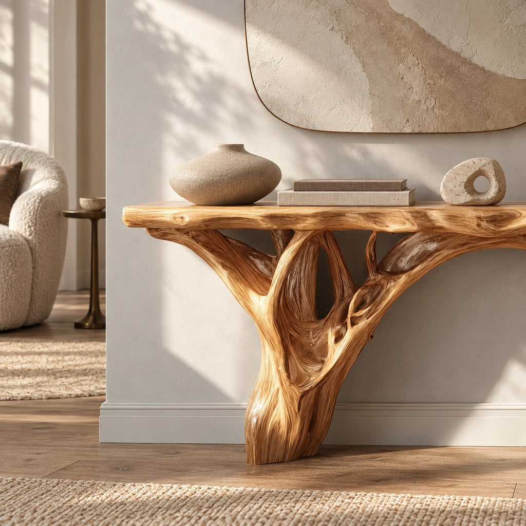 Organic Wood TV Stand With Tree Root Base For Living Room