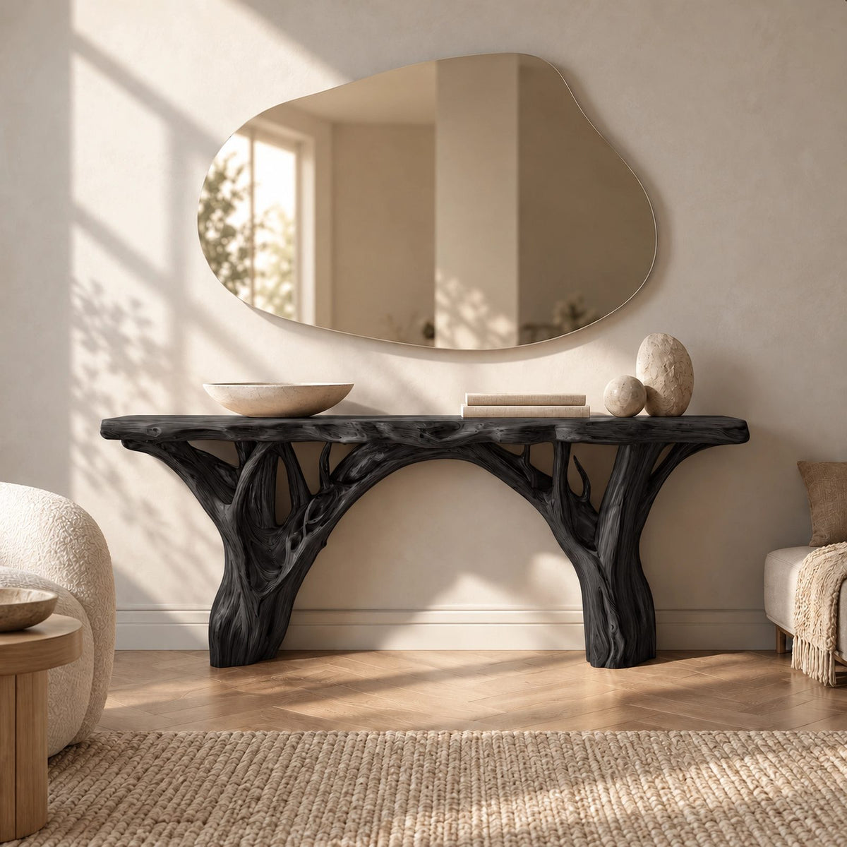 Organic Wood TV Stand With Tree Root Base For Living Room