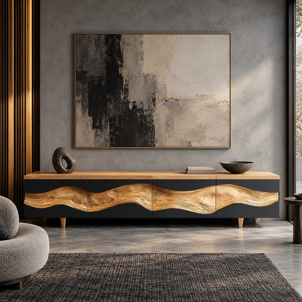Contemporary Wave Carved Wood TV Cabinet With Storage Doors For Living Room