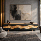 Contemporary Wave Carved Wood TV Cabinet With Storage Doors For Living Room
