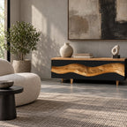 Contemporary Wave Carved Wood TV Cabinet With Storage Doors For Living Room