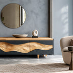Contemporary Wave Carved Wood TV Cabinet With Storage Doors For Living Room