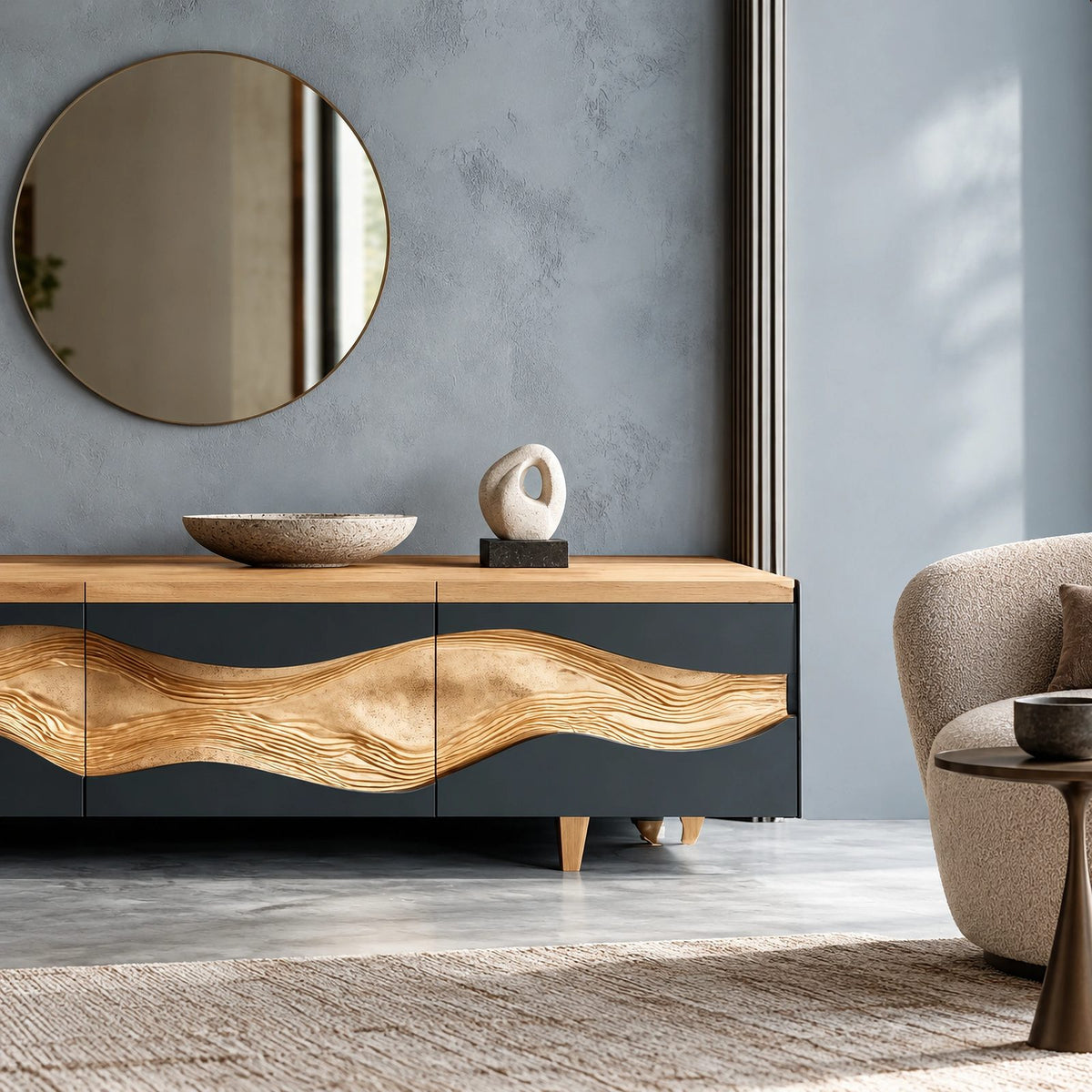 Contemporary Wave Carved Wood TV Cabinet With Storage Doors For Living Room
