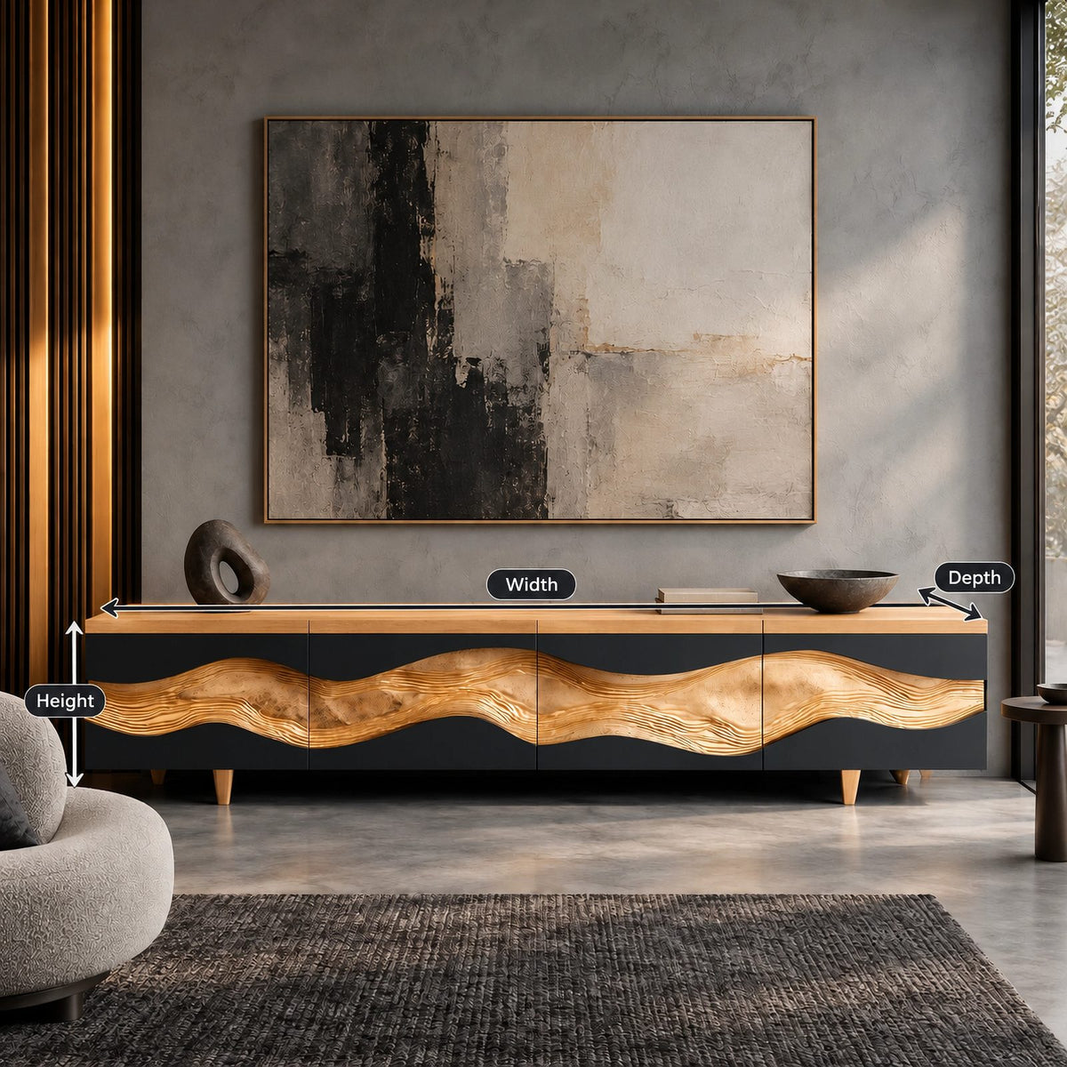 Contemporary Wave Carved Wood TV Cabinet With Storage Doors For Living Room