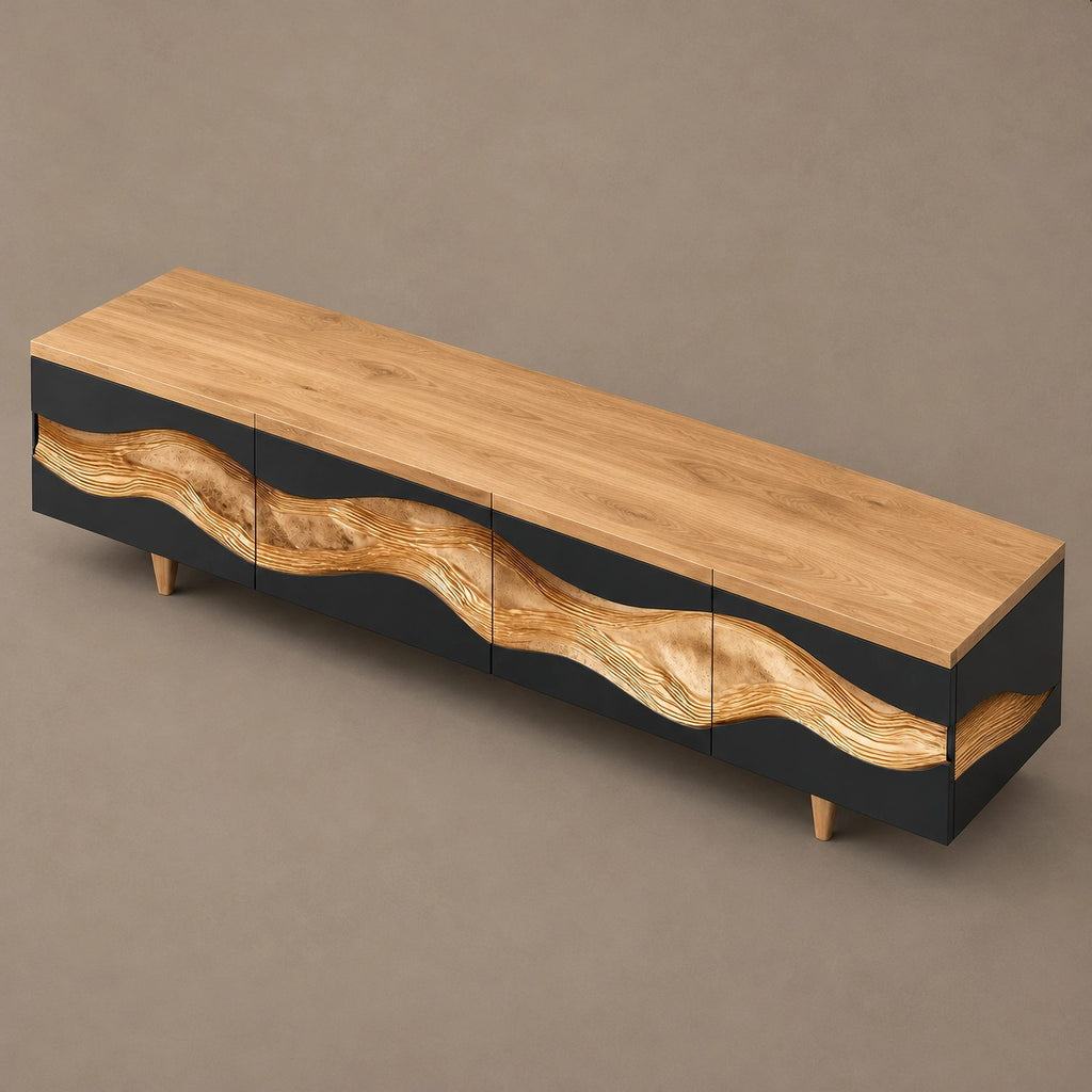 Contemporary Wave Carved Wood TV Cabinet With Storage Doors For Living Room