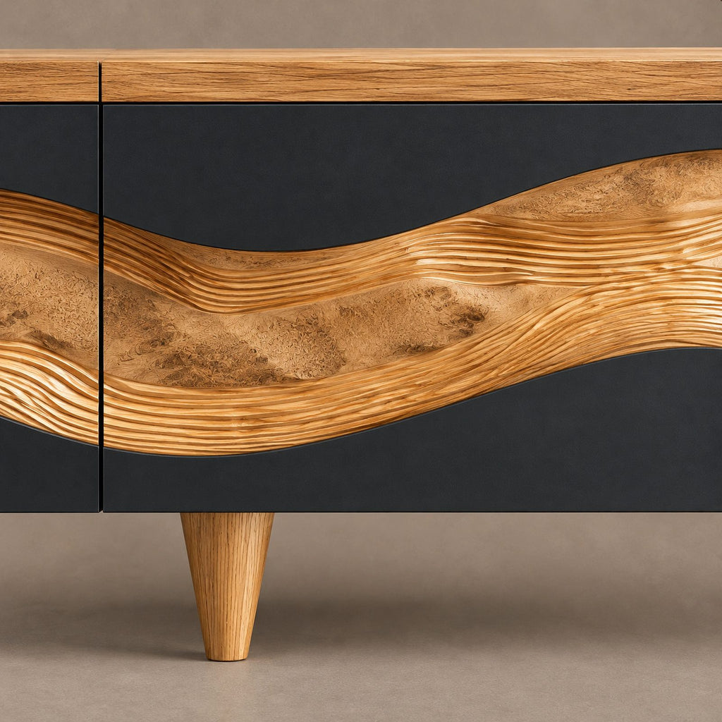 Contemporary Wave Carved Wood TV Cabinet With Storage Doors For Living Room