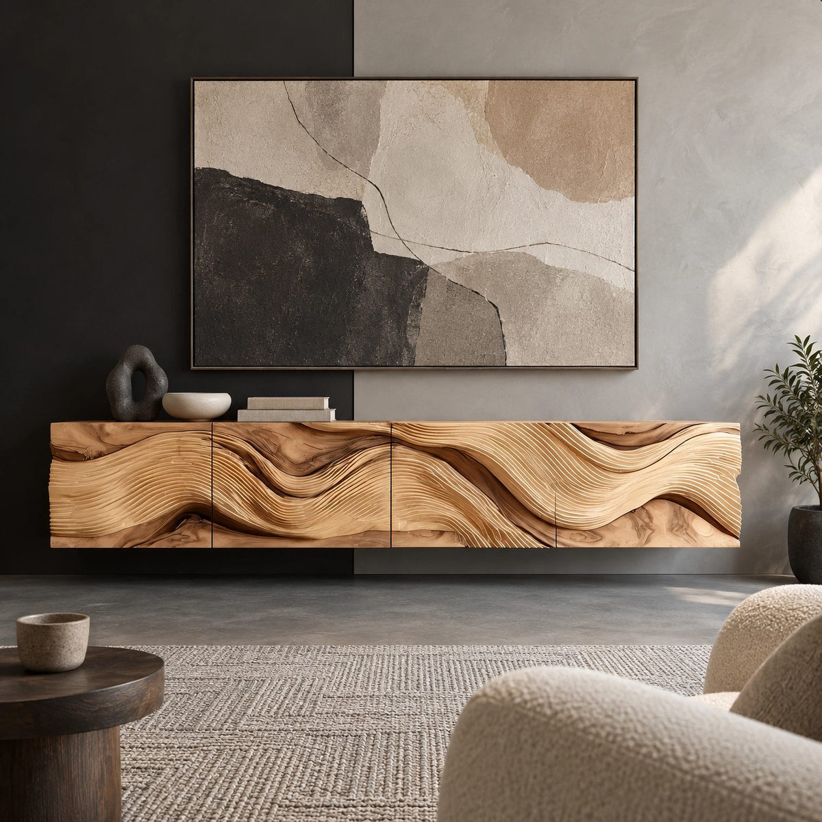 Farmhouse Wave Carved Wood TV Cabinet With Floating Design For Living Room