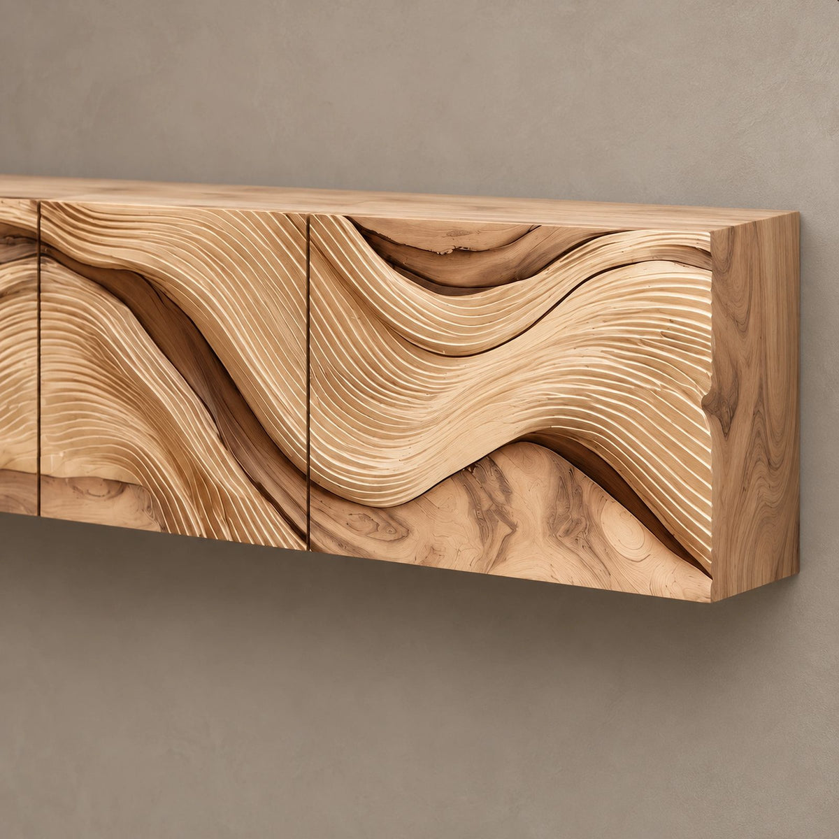 Farmhouse Wave Carved Wood TV Cabinet With Floating Design For Living Room