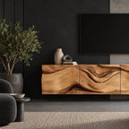 Farmhouse Wave Carved Wood TV Cabinet With Floating Design For Living Room