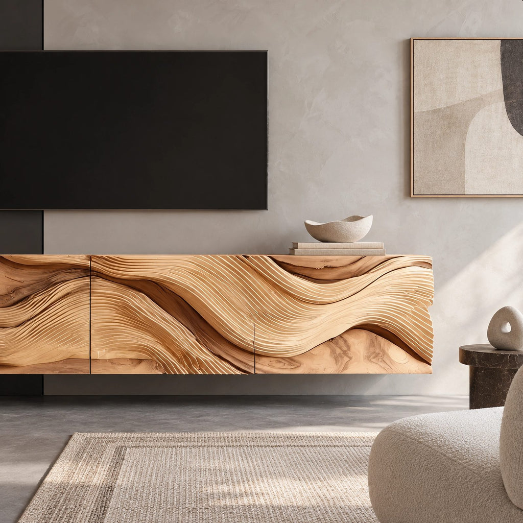 Farmhouse Wave Carved Wood TV Cabinet With Floating Design For Living Room