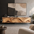 Farmhouse Wave Carved Wood TV Cabinet With Floating Design For Living Room