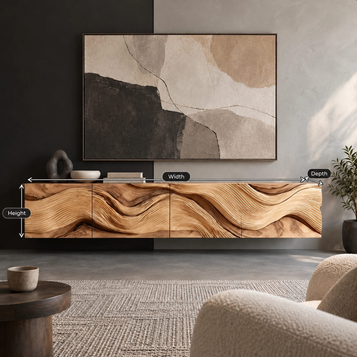 Farmhouse Wave Carved Wood TV Cabinet With Floating Design For Living Room