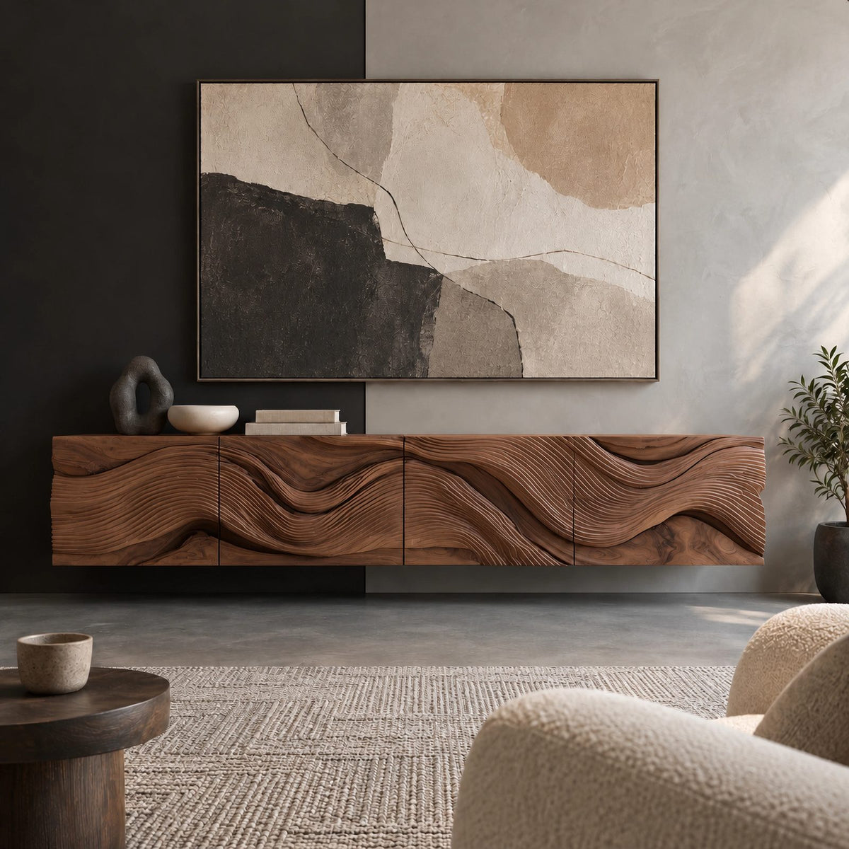 Farmhouse Wave Carved Wood TV Cabinet With Floating Design For Living Room