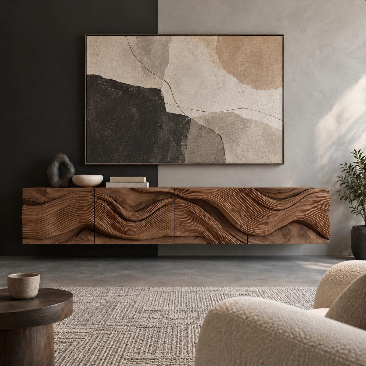 Farmhouse Wave Carved Wood TV Cabinet With Floating Design For Living Room