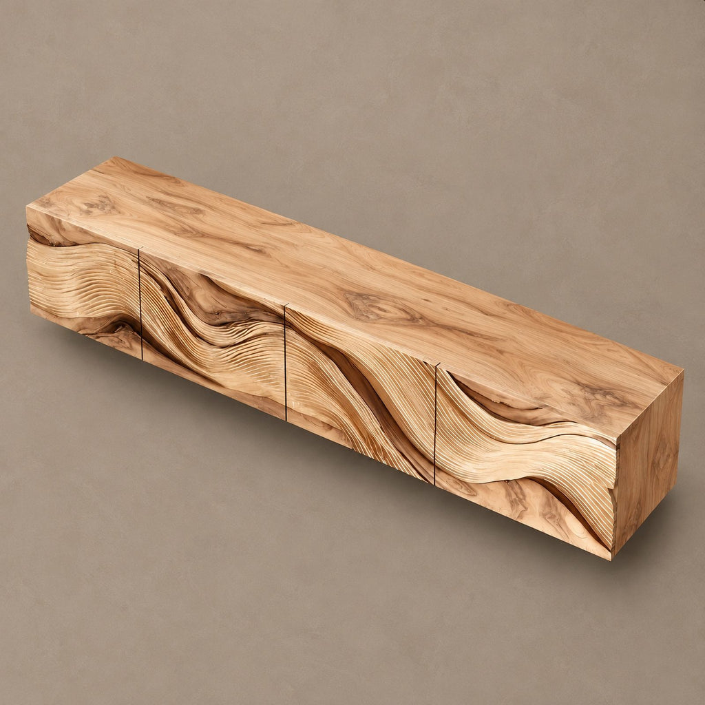 Farmhouse Wave Carved Wood TV Cabinet With Floating Design For Living Room