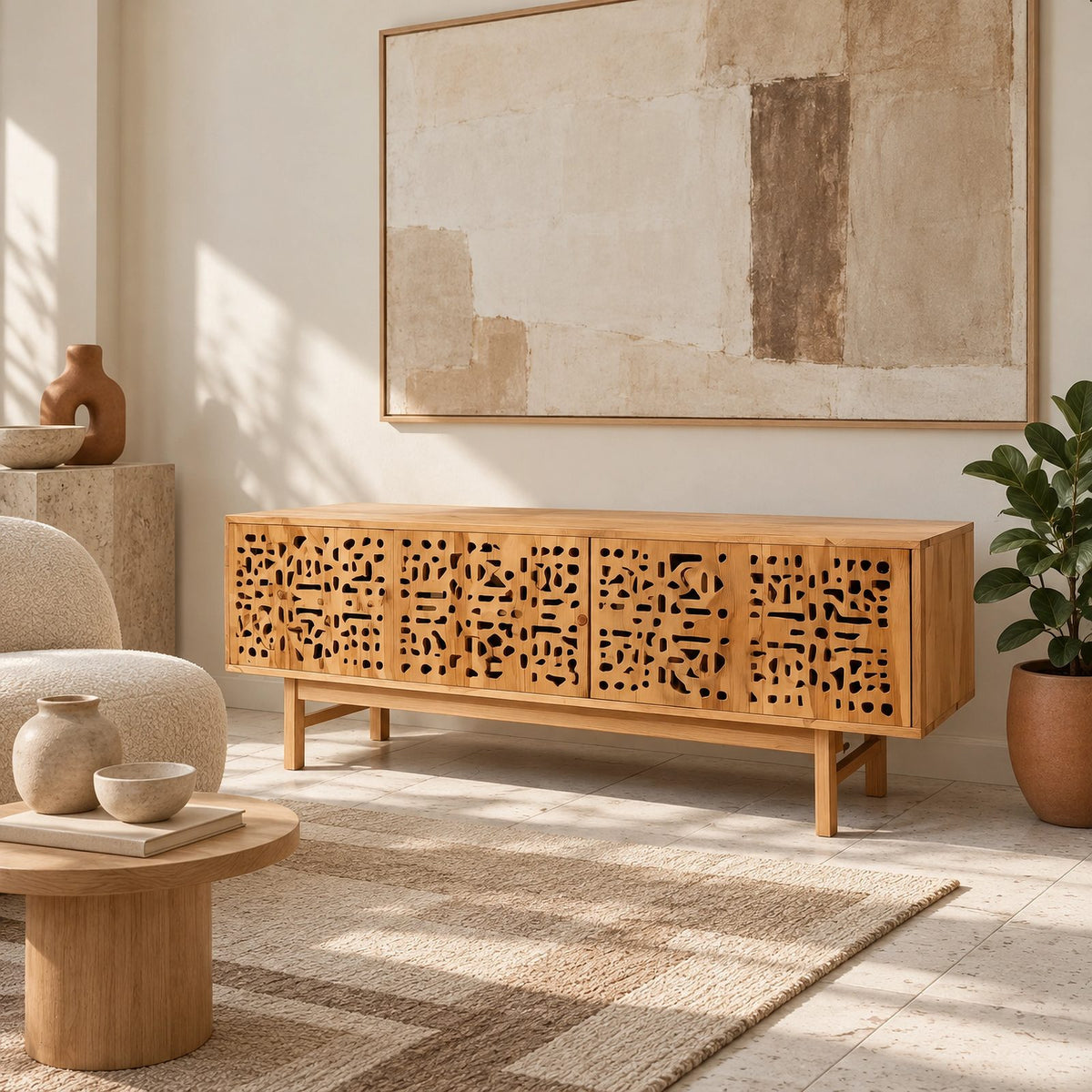 Handmade Carved Wood TV Cabinet With Patterned Doors For Living Room