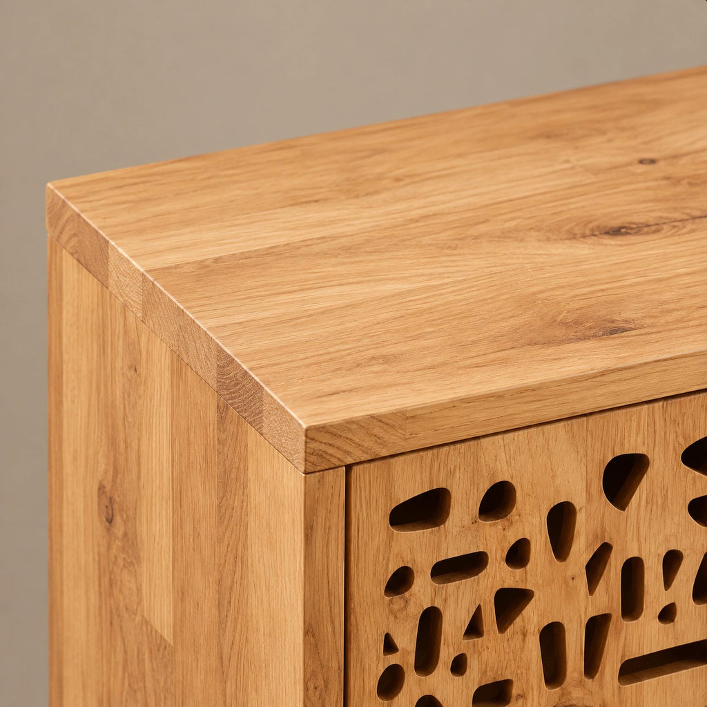 Handmade Carved Wood TV Cabinet With Patterned Doors For Living Room
