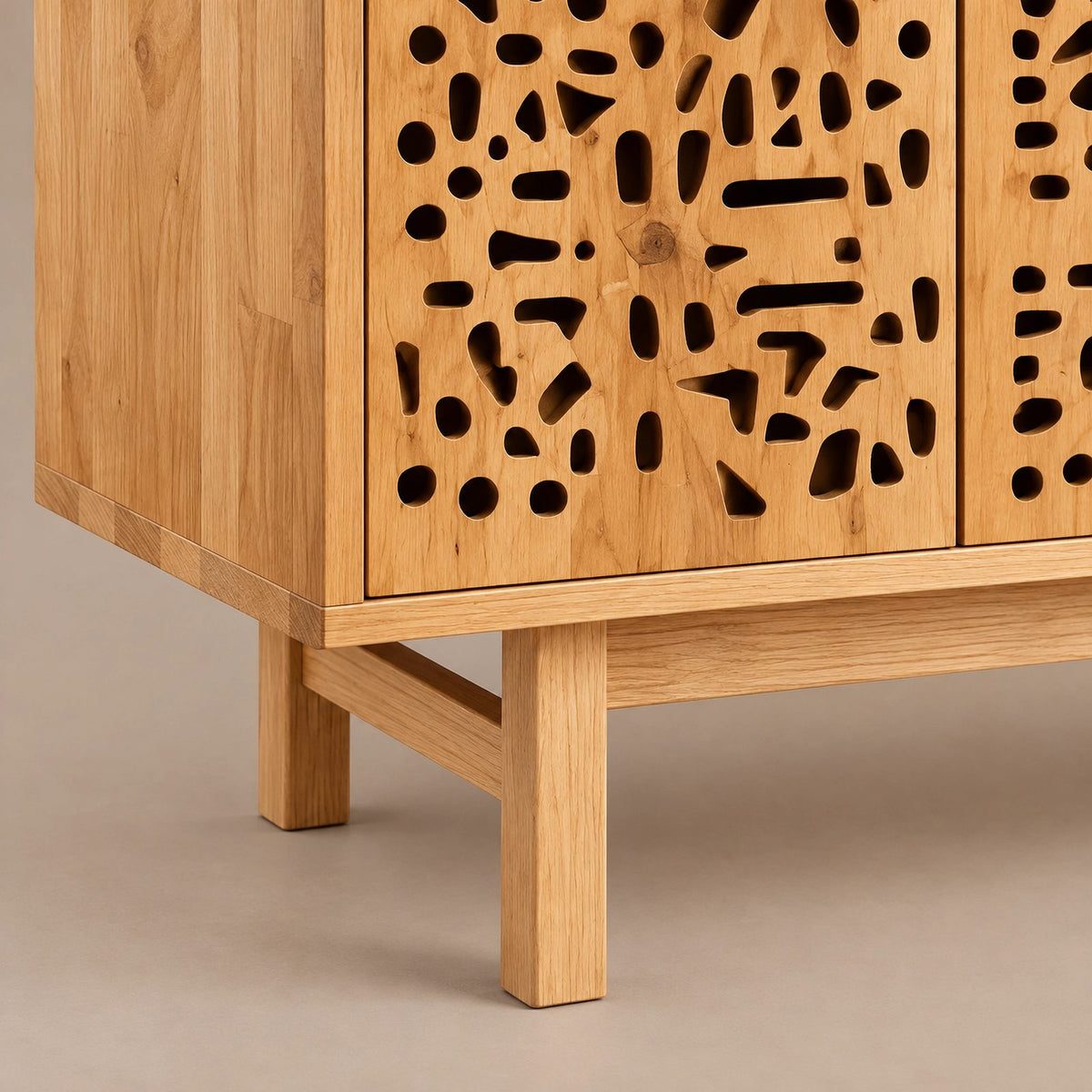 Handmade Carved Wood TV Cabinet With Patterned Doors For Living Room