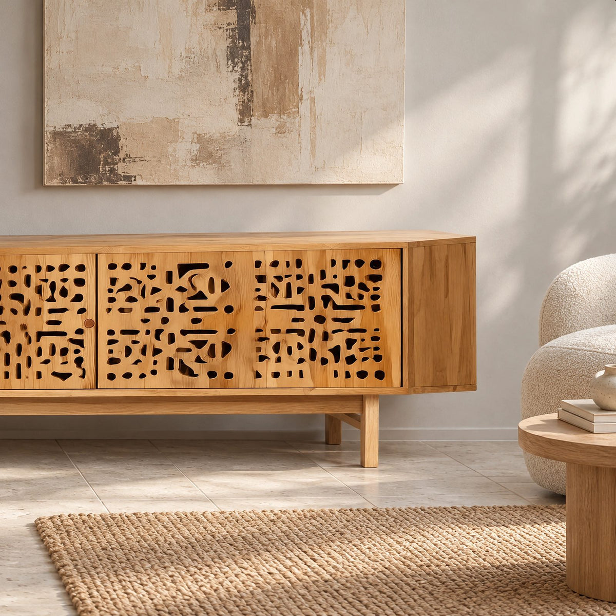 Handmade Carved Wood TV Cabinet With Patterned Doors For Living Room