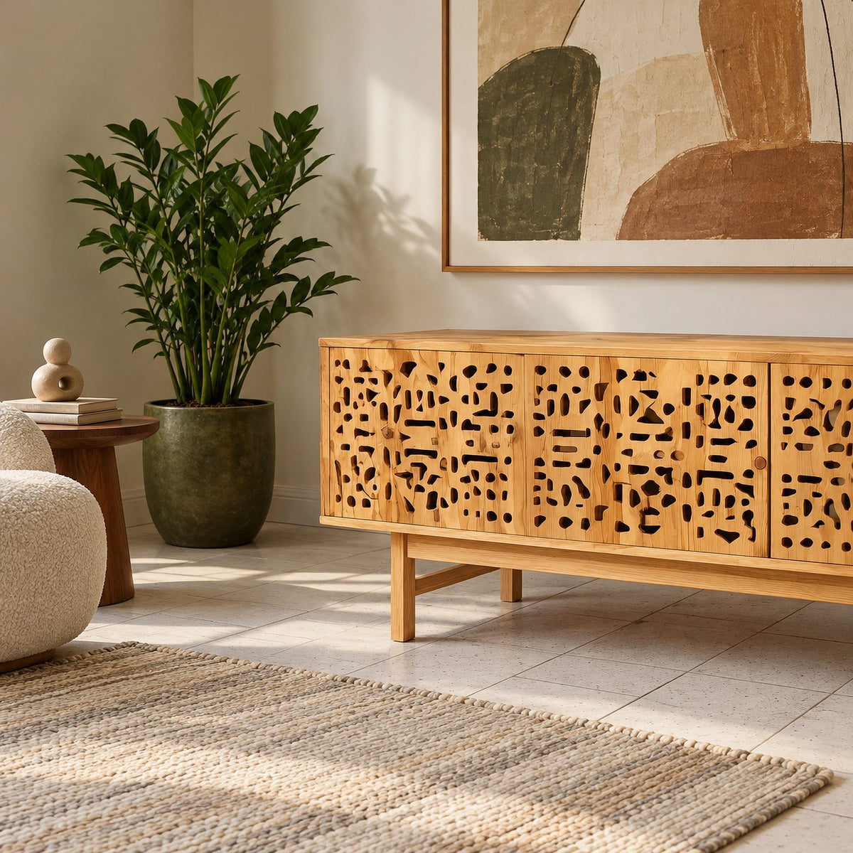 Handmade Carved Wood TV Cabinet With Patterned Doors For Living Room