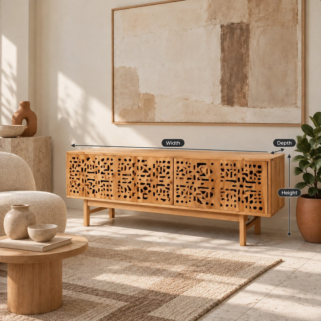 Handmade Carved Wood TV Cabinet With Patterned Doors For Living Room