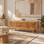 Handmade Carved Wood TV Cabinet With Patterned Doors For Living Room