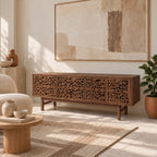Handmade Carved Wood TV Cabinet With Patterned Doors For Living Room