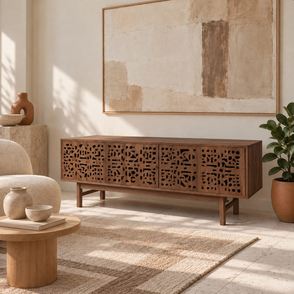 Handmade Carved Wood TV Cabinet With Patterned Doors For Living Room