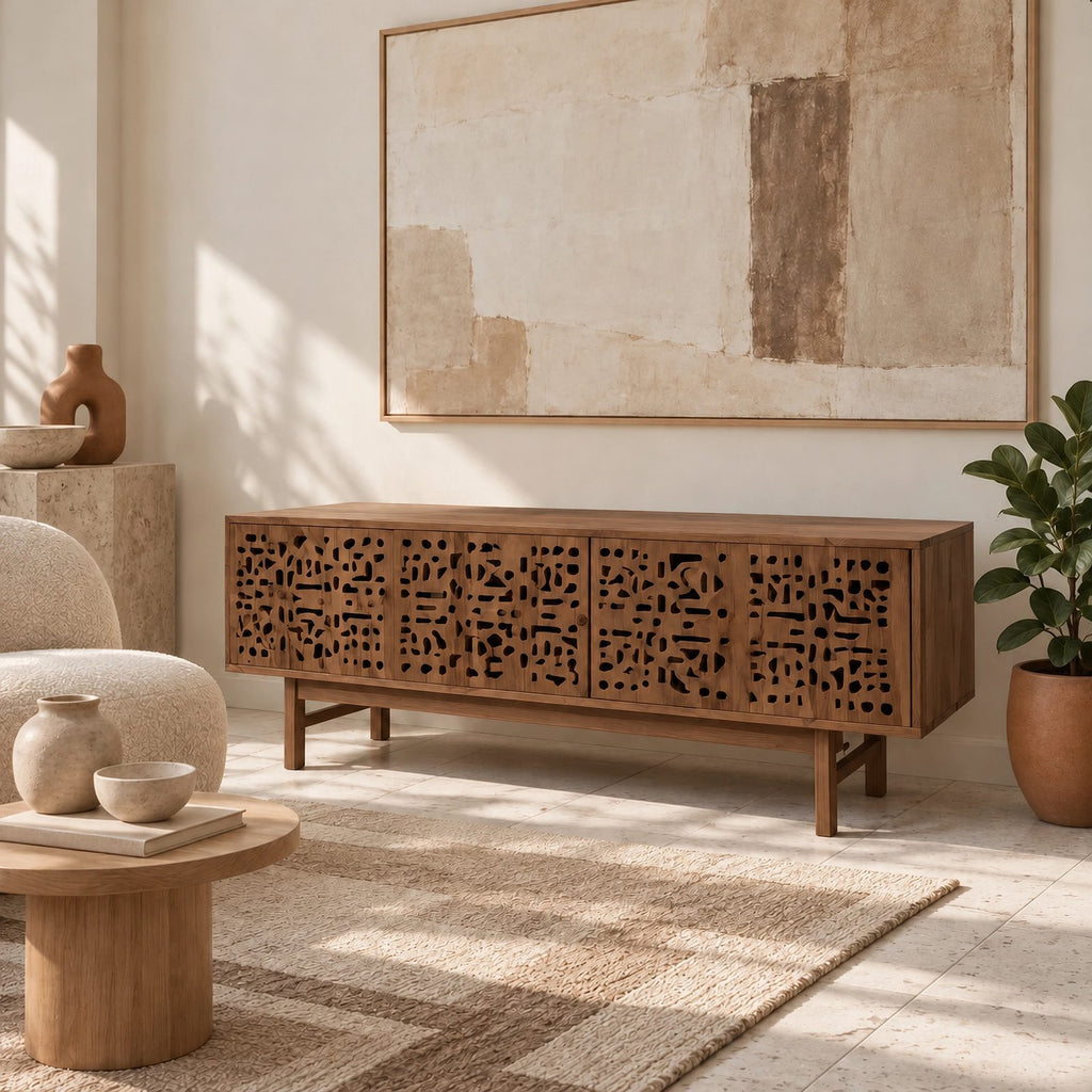 Handmade Carved Wood TV Cabinet With Patterned Doors For Living Room