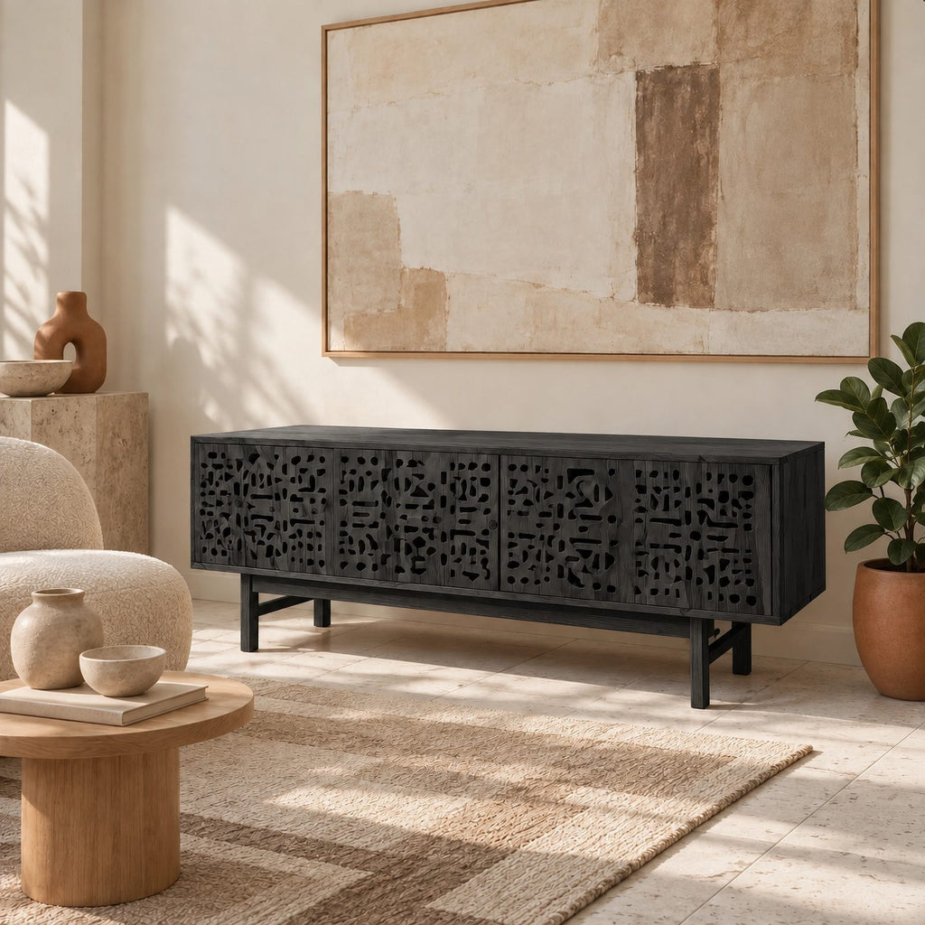 Handmade Carved Wood TV Cabinet With Patterned Doors For Living Room