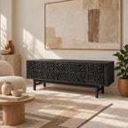 Handmade Carved Wood TV Cabinet With Patterned Doors For Living Room