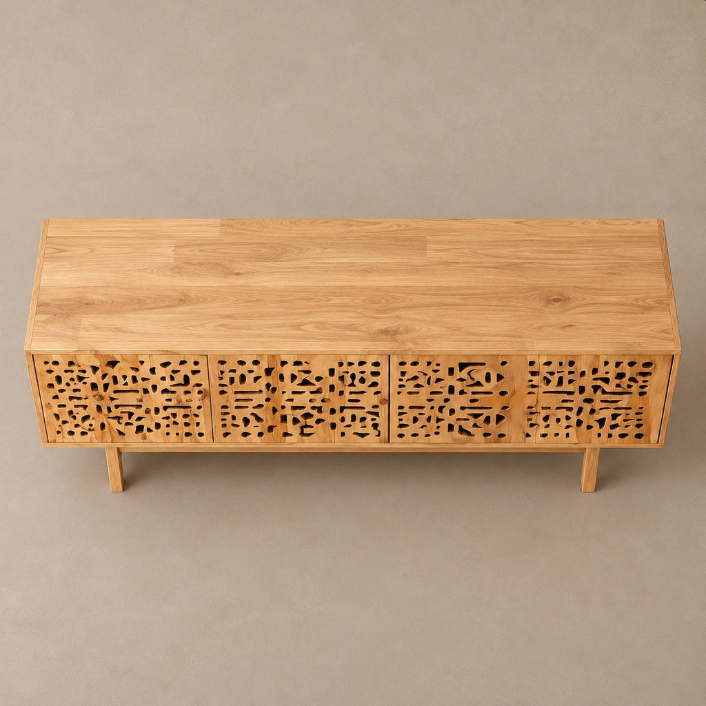 Handmade Carved Wood TV Cabinet With Patterned Doors For Living Room