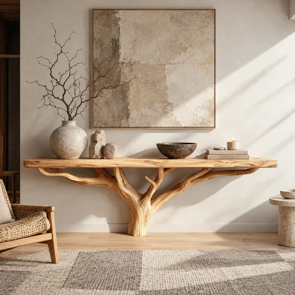 Scandinavian Wood TV Stand With Natural Branch Base For Living Room