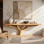 Scandinavian Wood TV Stand With Natural Branch Base For Living Room