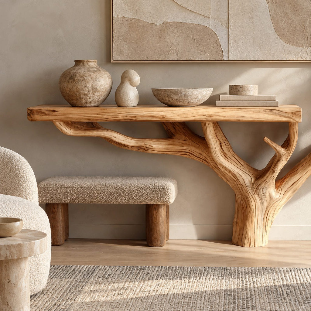 Scandinavian Wood TV Stand With Natural Branch Base For Living Room