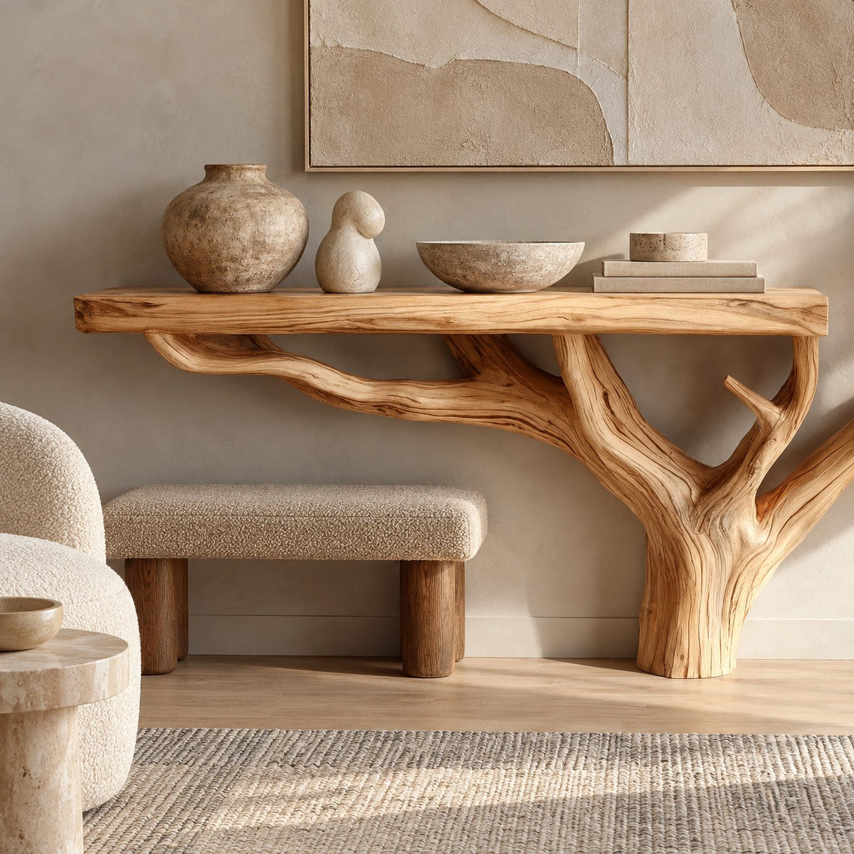 Scandinavian Wood TV Stand With Natural Branch Base For Living Room