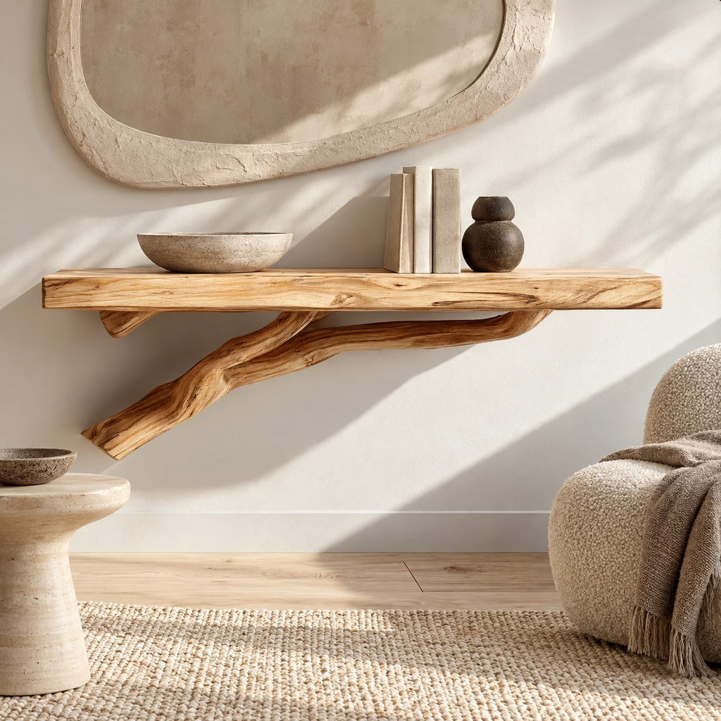 Scandinavian Wood TV Stand With Natural Branch Base For Living Room