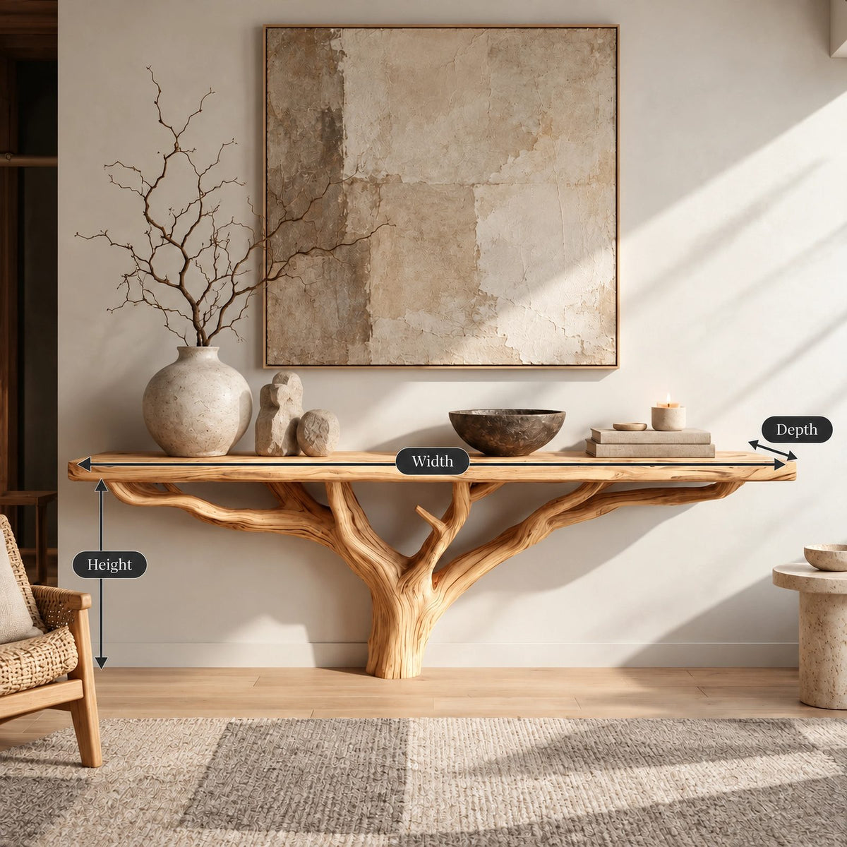 Scandinavian Wood TV Stand With Natural Branch Base For Living Room