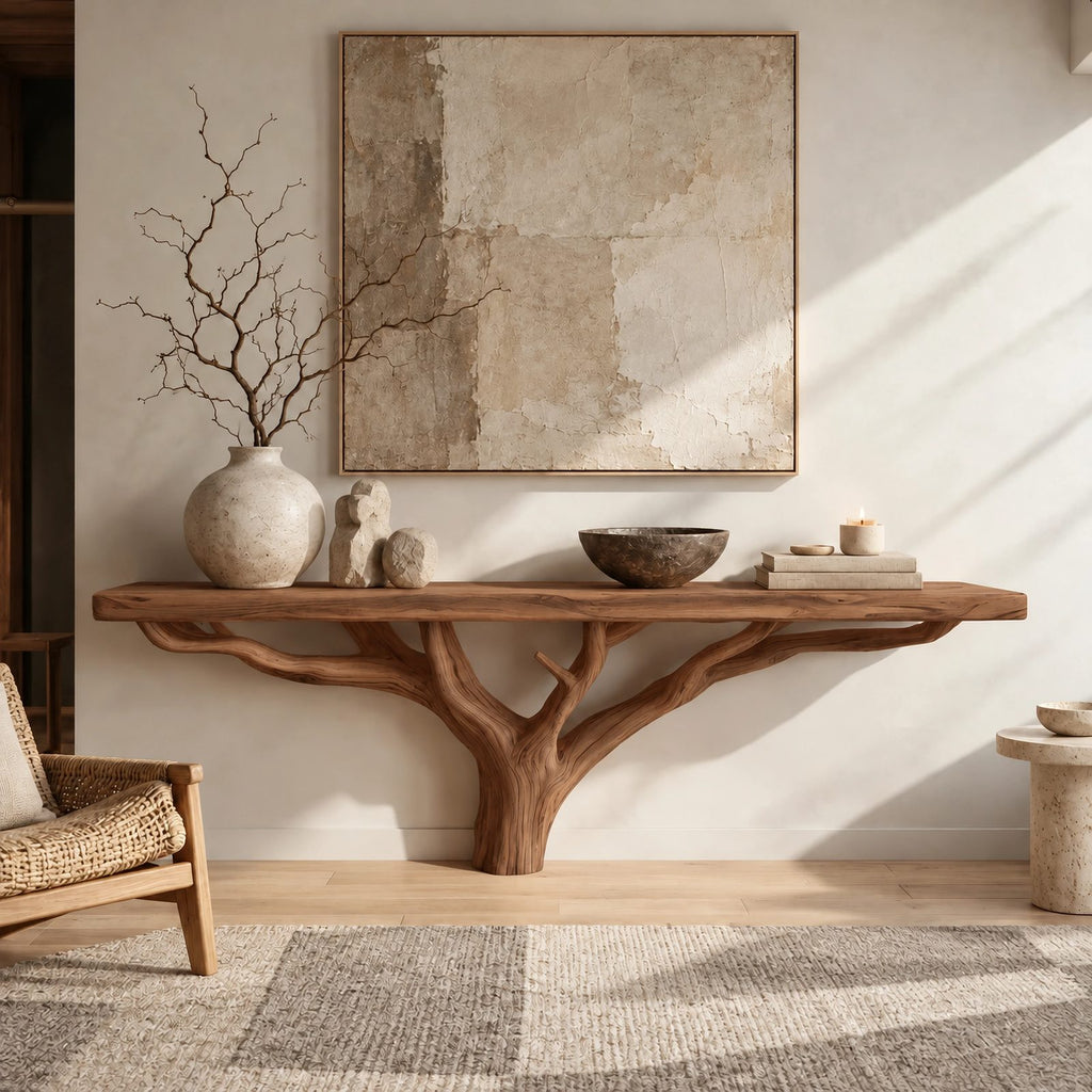Scandinavian Wood TV Stand With Natural Branch Base For Living Room