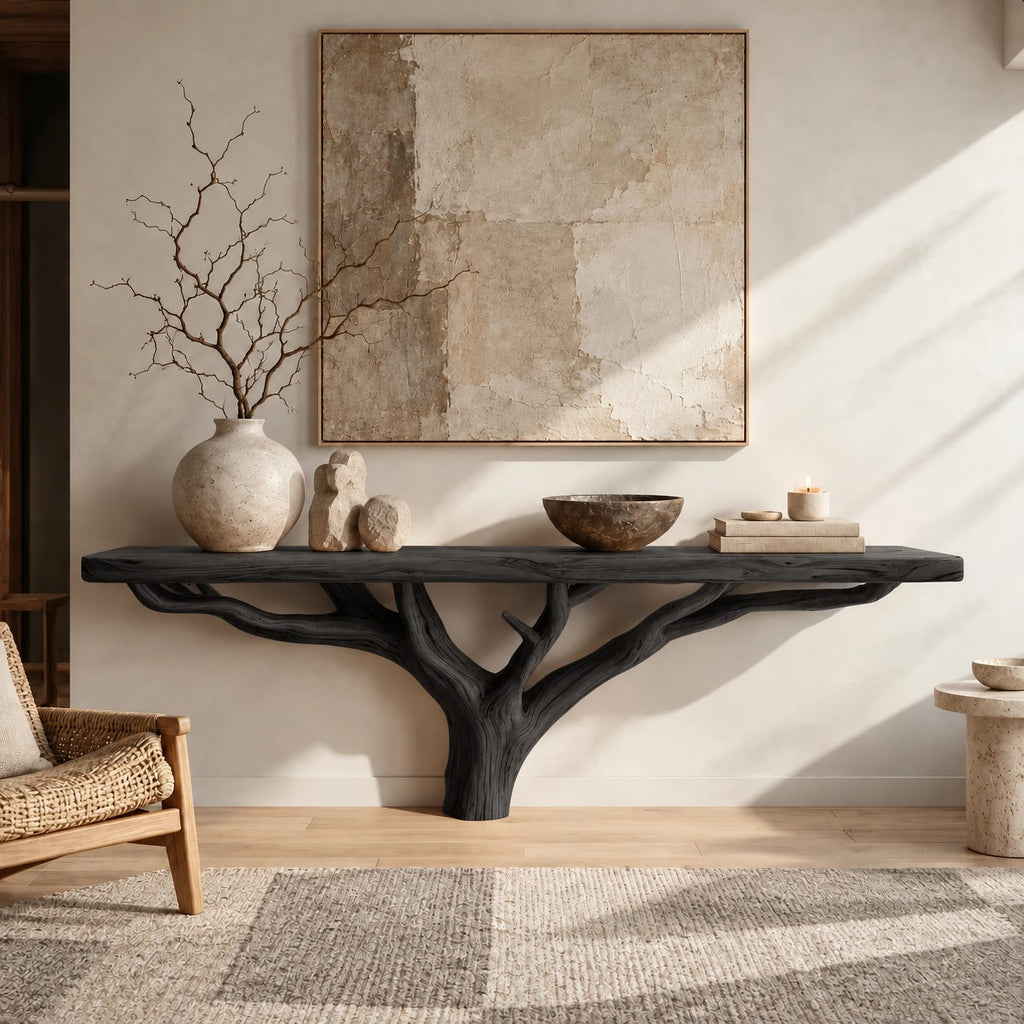 Scandinavian Wood TV Stand With Natural Branch Base For Living Room
